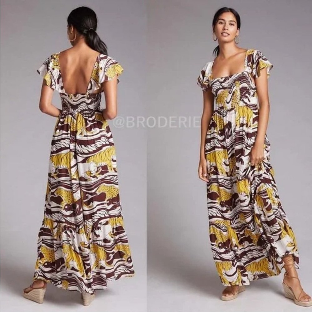 Anthropologie Panther Ruffled Maxi Dress Yellow Brown Square Neck Stretch Sz XS